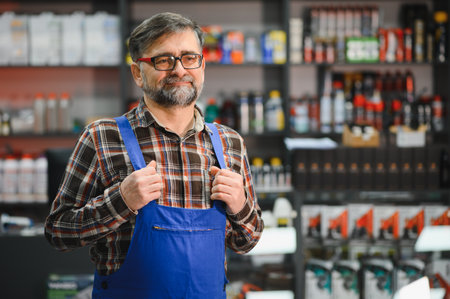 Portrait of a confident salesman wearing blue overalls, holding his suspenders, standing in an auto parts store, surrounded by shelves full of productsの写真素材