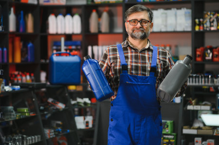 Senior salesman working in auto parts store, showing different car motor oils, lubricants, and other automotive fluidsの写真素材