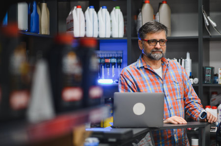 Salesman using laptop and barcode scanner, managing inventory and sales in his auto parts store