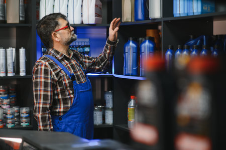 Senior salesman wearing blue overalls reaching for engine oil bottle on a shelf in an auto parts...