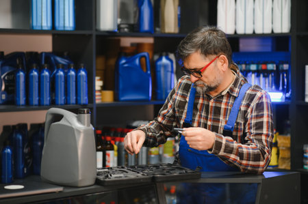Senior salesman choosing tools in an auto parts store with motor oil bottles, providing professional service and expertiseの写真素材