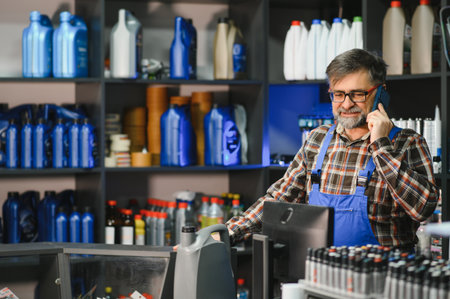 Auto parts store salesman wearing blue overalls and taking orders over the phone, managing sales and...