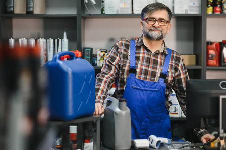 Senior salesman wearing blue overalls is standing at the counter of an auto parts store, surrounded...