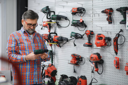 Bearded mature customer choosing a power tool in a hardware store, reading the specifications on the...