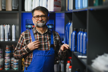 Senior salesman wearing blue overalls pointing engine oil bottles on a shelf, working in an auto parts storeの写真素材