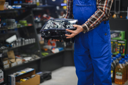 Mechanic holding a new headlight in an auto parts store, surrounded by shelves full of tools and car maintenance productsの写真素材