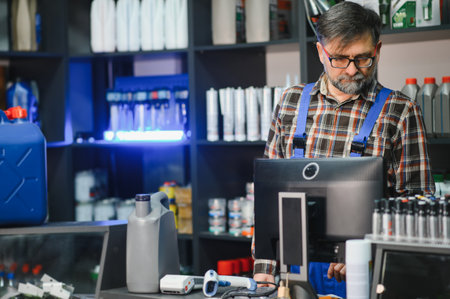 Senior salesman wearing blue overalls and plaid shirt working at the computer in auto parts store