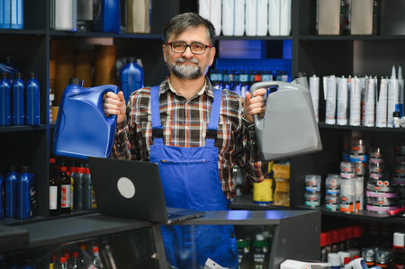 Mechanic holding two canisters of motor oil while assisting customers at the auto parts store,...