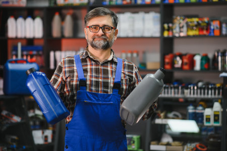 Mechanic holding two canisters of motor oil while working diligently in an auto parts store, surrounded by shelves of automotive suppliesの写真素材