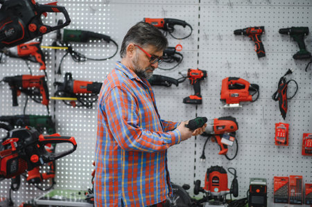 Bearded mature man selecting a cordless screwdriver in a bustling hardware store, surrounded by...