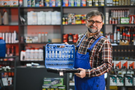 Senior salesman holding a toolbox in an auto parts store, surrounded by shelves full of productsの写真素材