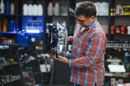 Experienced mechanic carefully inspecting a car headlight in a well-stocked auto parts store,...