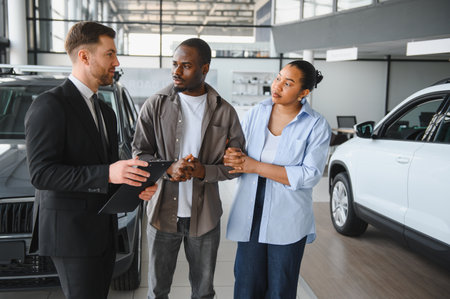 Car salesman presenting vehicles to an African American couple, helping them choose their new car...