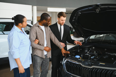Car salesman showing the engine of a new car to an African American couple, helping them choose the right vehicle in a modern dealershipの写真素材