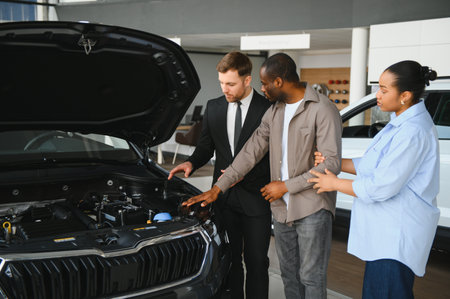 Car salesman showing the engine of a new car to an African American couple in a car dealershipの写真素材