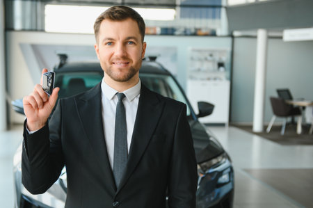 Smiling car salesman presenting a new car key in a modern dealership showroom, exuding confidence and professionalism in his suit and tieの写真素材