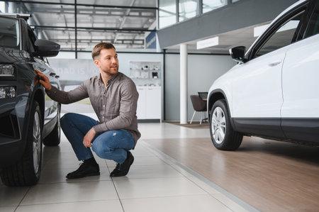 Young man evaluating vehicles in a contemporary car dealership, examining features and making an informed decision on his purchaseの写真素材