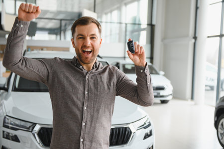 Happy man celebrating buying a new car, holding keys and punching the air in a dealership showroom