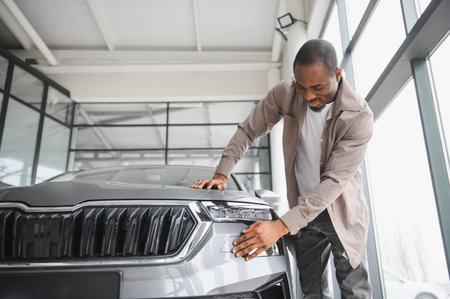 Happy man examining a new car in a dealership showroom, gently touching the hood and headlights with...