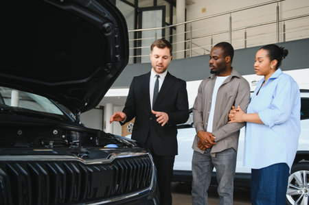 Professional car salesman showing the engine of a new car to an African American couple interested...