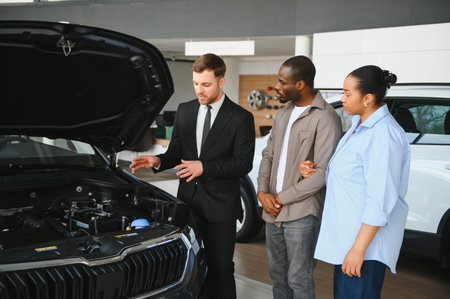 Car salesman showing the engine of a new car to an African American couple in a car dealership