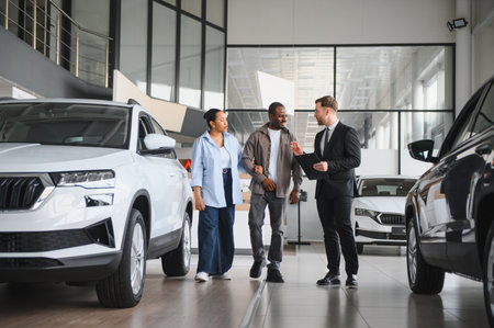 Salesman showing new cars to African American couple, helping them to choose the right vehicle in a car dealershipの写真素材