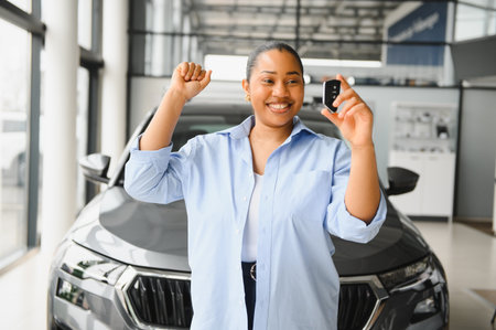 Excited woman celebrating buying new car, holding key and raising arms in joy inside dealership...