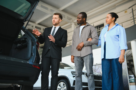Car salesman showing car trunk space to african american couple, helping them choose vehicle in dealershipの写真素材