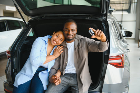 Happy couple celebrating their new car ownership while sitting in the open trunk at the dealership, radiating joy and excitementの写真素材