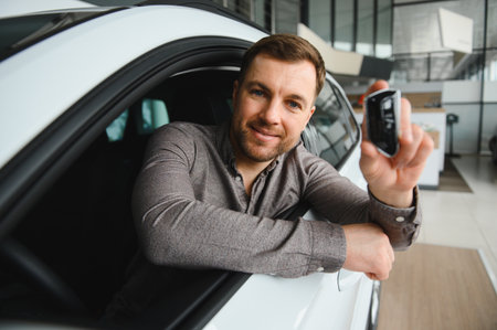 Man examines a car in a sleek showroom, holding keys and considering a purchase. The setting reflects a modern, professional environmentの写真素材
