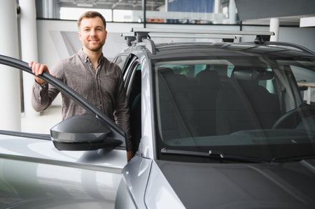 Man is in a car showroom, examining a sleek vehicle with interest. The scene captures the excitement of choosing a new carの写真素材