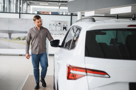 Casually dressed man inspecting a new white suv in a sleek, modern dealership showroom, considering...