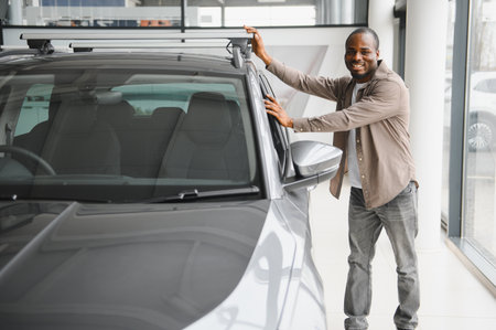 Happy customer inspecting the roof rack of his new car inside a bright, modern dealership, radiating...