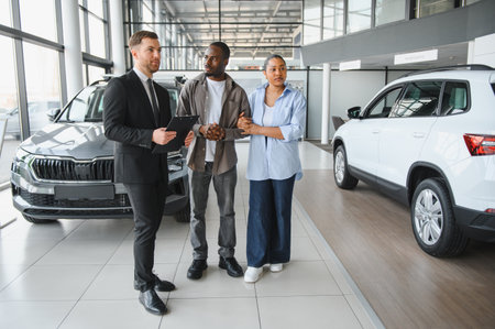 Salesman holding clipboard presenting new cars to african american couple inside dealership showroomの写真素材
