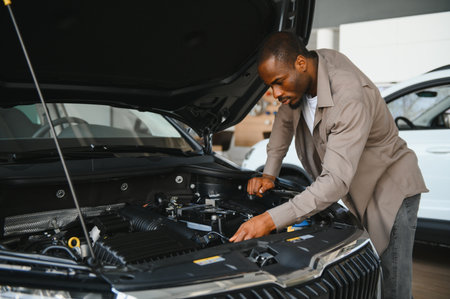 African american man inspecting the engine of a new car at a dealership, carefully evaluating features before making a purchase decisionの写真素材