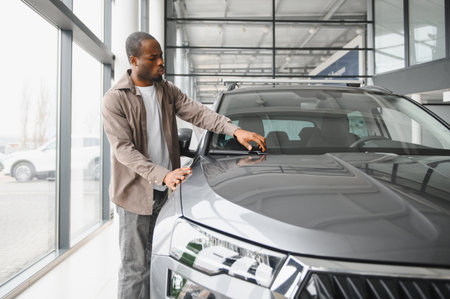 African american man inspecting a new gray car in a dealership showroom, touching the hood and windshieldの写真素材