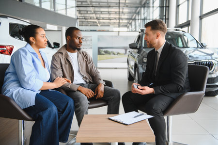 Car salesman presenting a new car offer to an African American couple, discussing financing options...