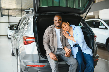 African american couple holding hands and sitting in the open trunk of their new car, enjoying the moment in the car dealershipの写真素材
