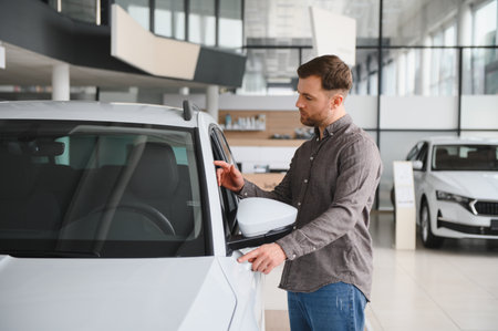 Man inspecting a new white car in an auto dealership, touching the car body and side mirror,...