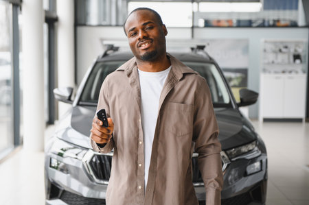 Smiling man holding car keys proudly after purchasing a new vehicle at a modern car dealership,...