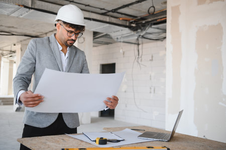 Arab architect wearing a hardhat, analyzing blueprints while working on a construction site, focused on project details and design plansの写真素材