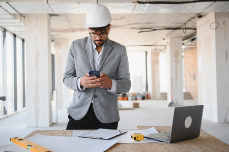 Arab architect wearing suit and helmet using smartphone on construction site, managing project and...