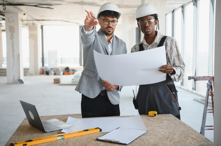 Architect discussing plans with builder while holding blueprint inside building under construction, emphasizing teamwork and collaborationの写真素材