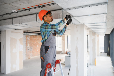 Electrician working on a ladder is installing a ventilation system in a building under construction