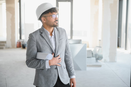 Young arab architect holding blueprints inspecting a building under construction, wearing an hard...