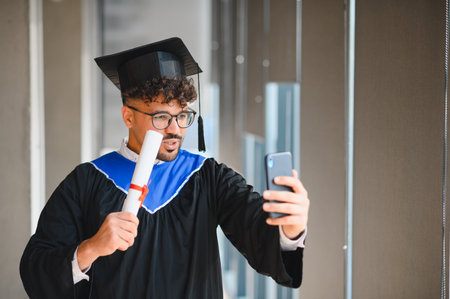Young arab student wearing graduation gown holding diploma and making a video call with his...