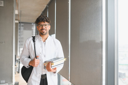 Young arab medical student carrying books and wearing a backpack, walking confidently through a...