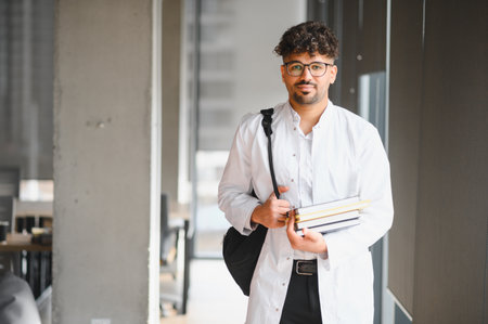Confident medical student carrying books and backpack, walking through a bright university hallway, ready for classの写真素材