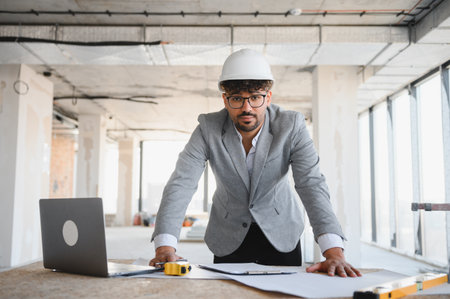 Arab architect wearing hardhat leaning on table with blueprints and laptop, overseeing construction...