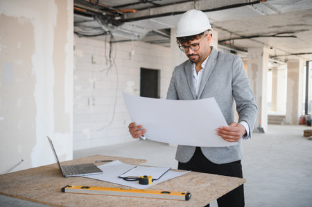 Arab architect wearing hardhat and suit examining blueprints on construction site, focusing on...